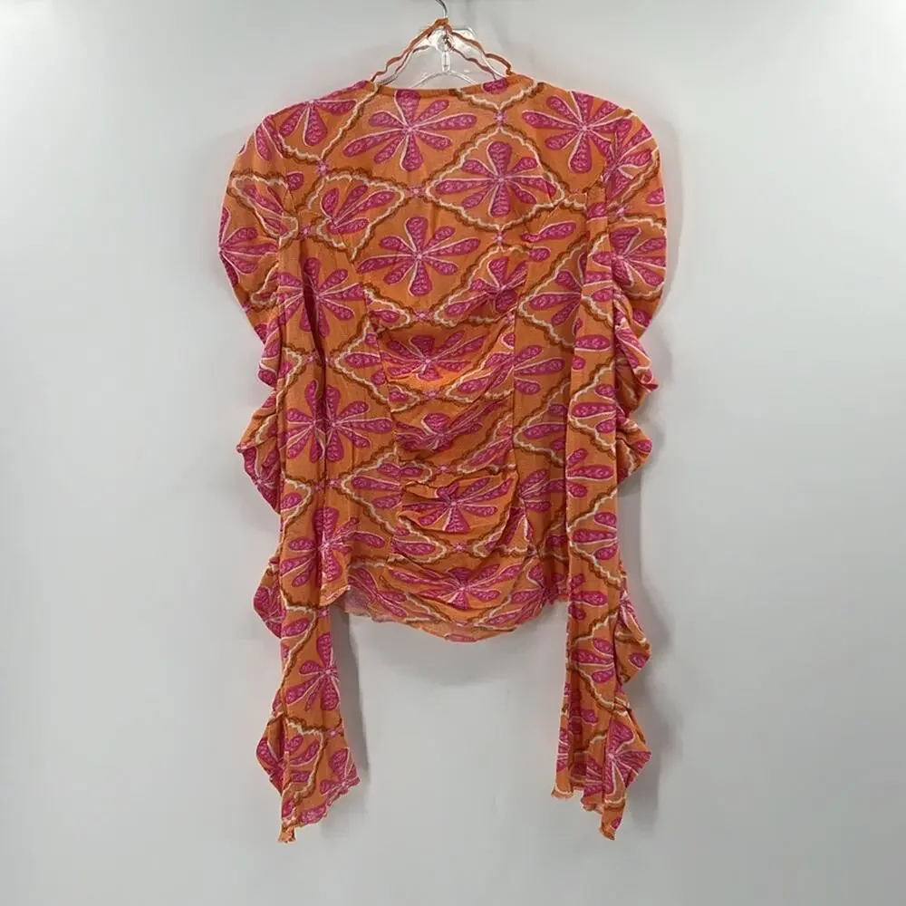 Free People Through the Meadow Ruched Mesh Top - Grapefruit Seltzer - S - NWT